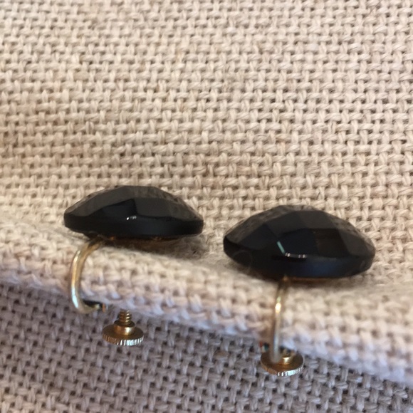 Vintage Black Faceted Glass Button Earrings Clip - Picture 3 of 8